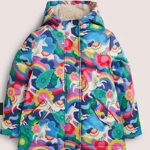 Mini Boden Navy Unicorn Print Sherpa
Lined Anorak Multi Flowerpatch Unicorns